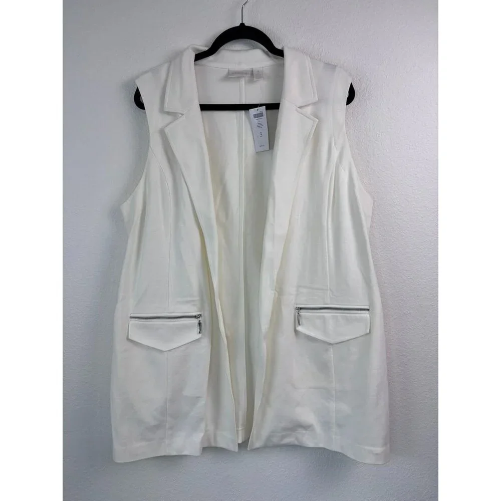 Chico's women's 3 or XL ivory sleeveless collared‎ open front vest jacket NWT